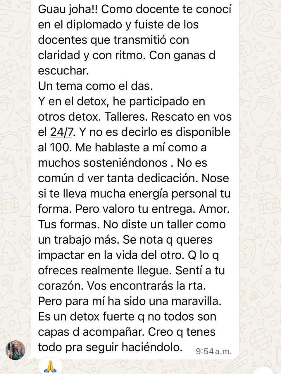Captura de WhatsApp — testimonio docente sobre el detox