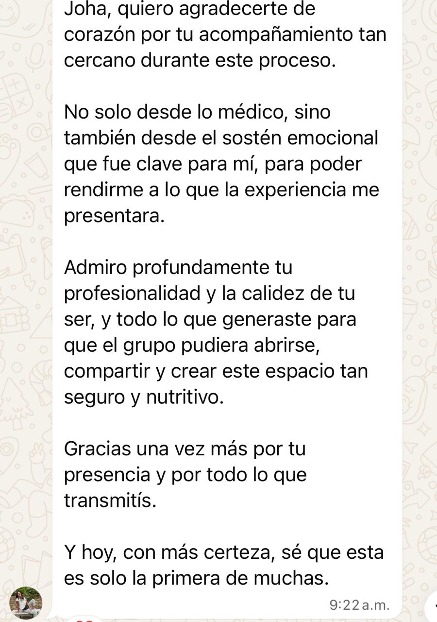 Captura de WhatsApp — testimonio sobre el sostén emocional del programa