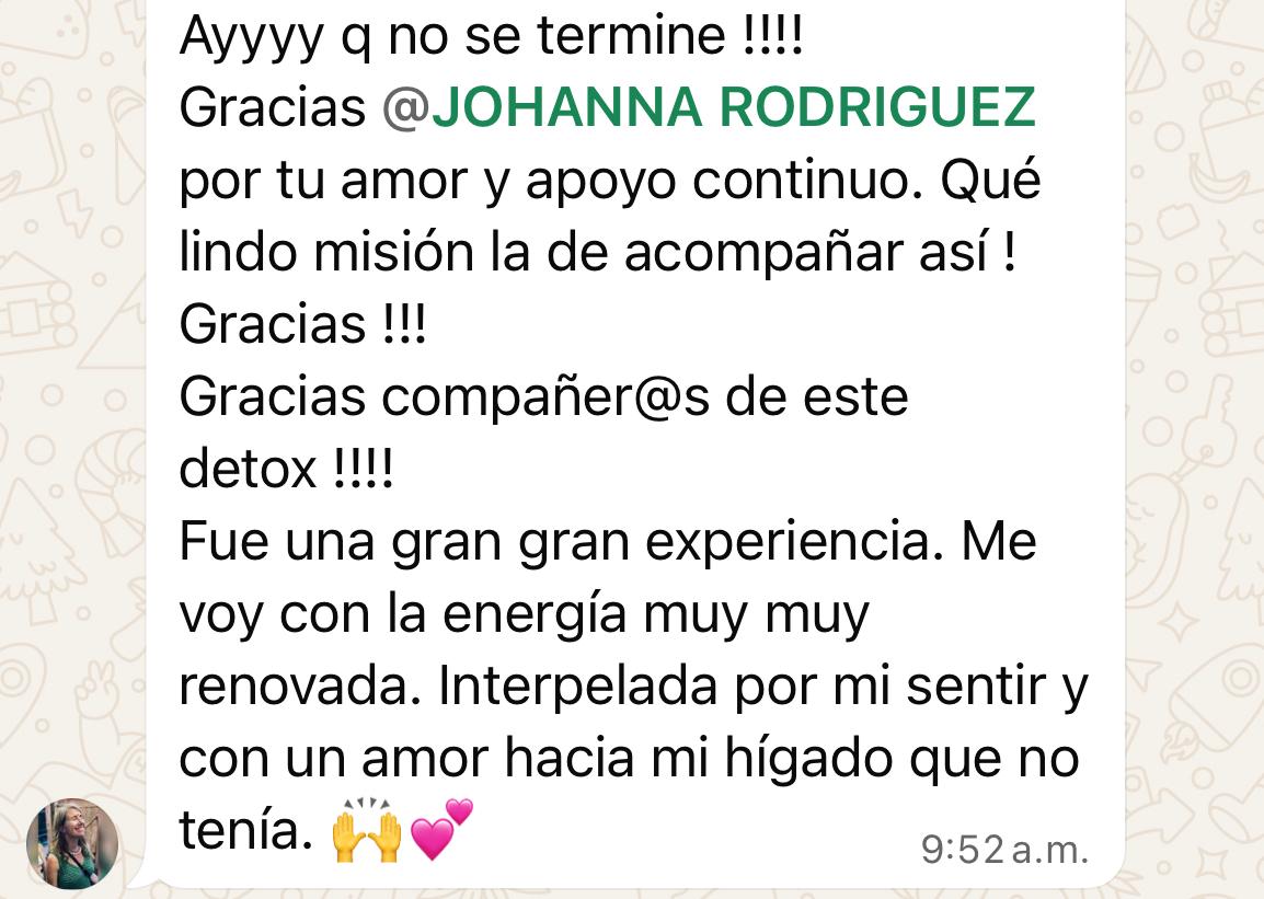 Captura de WhatsApp — testimonio sobre energía renovada