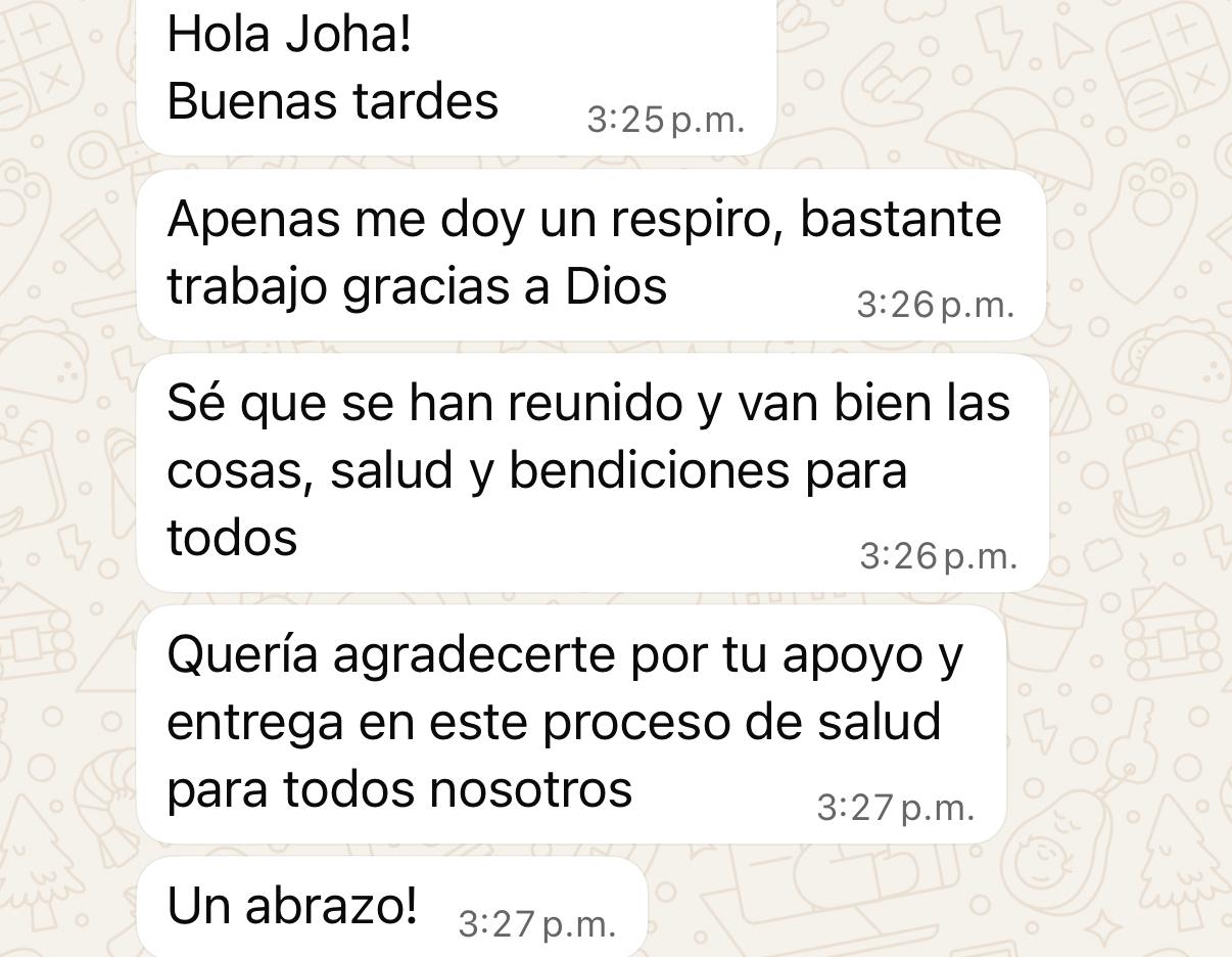 Captura de WhatsApp — testimonio sobre apoyo y entrega