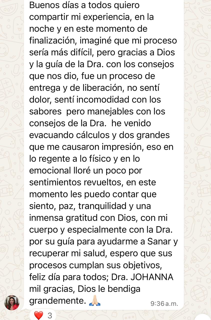 Captura de WhatsApp — testimonio sobre paz y gratitud al finalizar