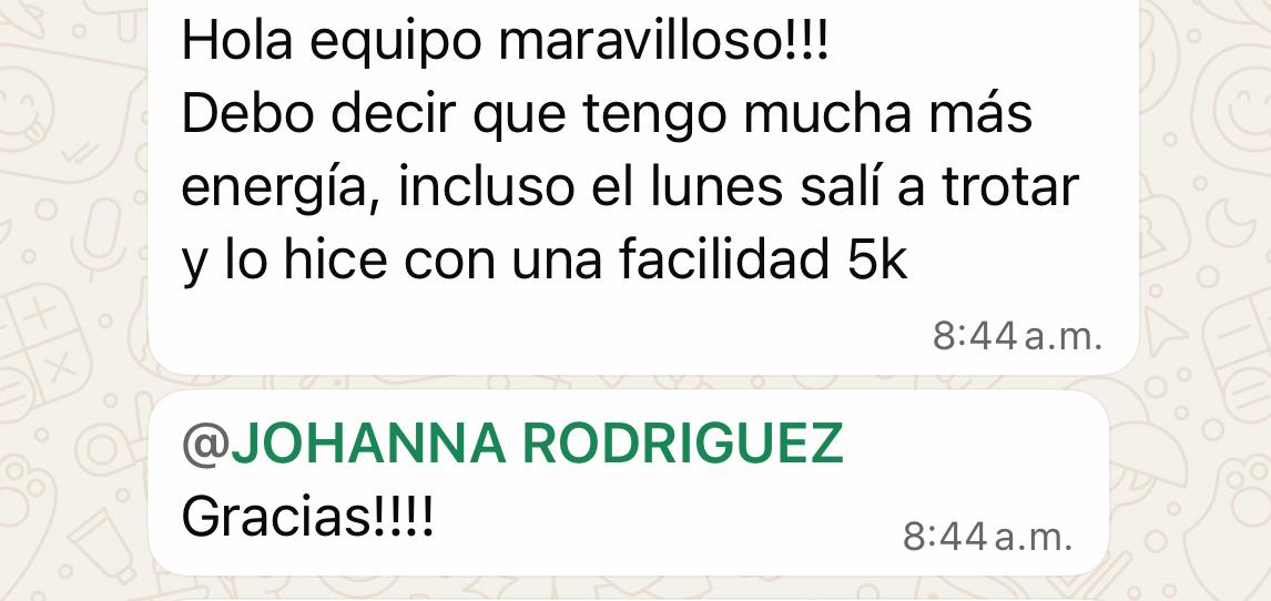 Captura de WhatsApp — testimonio sobre recuperar energía y trotar 5 km
